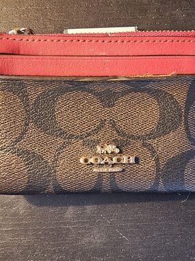 Coach Brown Signature Canvas Wallet with Red Trim